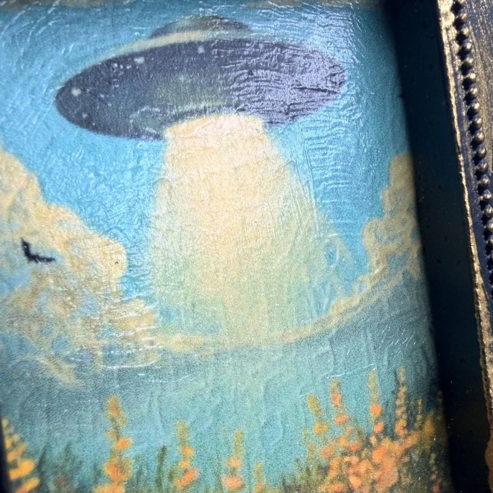 Miniature UFO Alien Art Print in Ornate Black Gold Baroque Resin Frame 3.25in